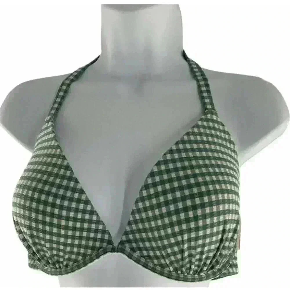 Shade & Shore Bikini Top Sage Green Plaid Padded Swimwear Bra Size 34DD